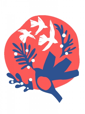 A robin with a branch in its beak,  symbol of peace for Christm