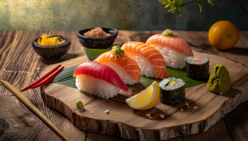 sushi su tavola di legno