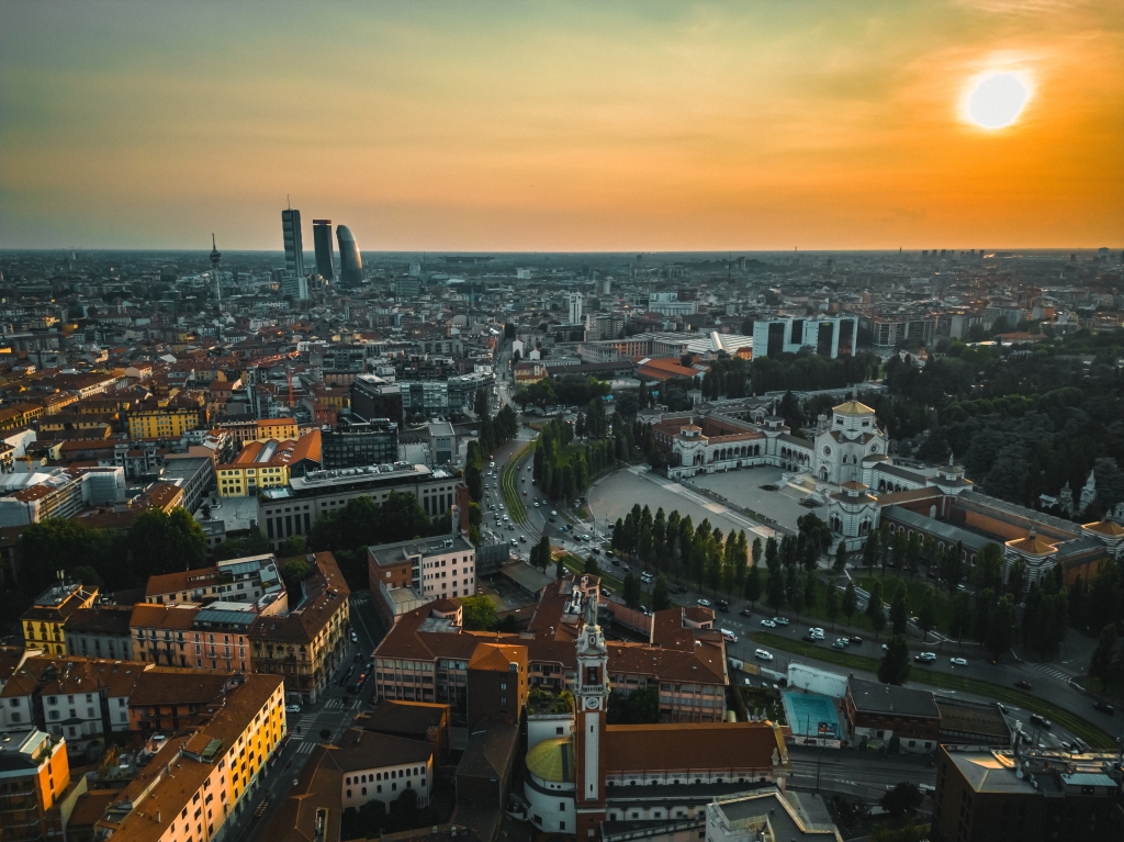 Milan Sunset Drone Perspectives: Milan Cityscape Photo Art