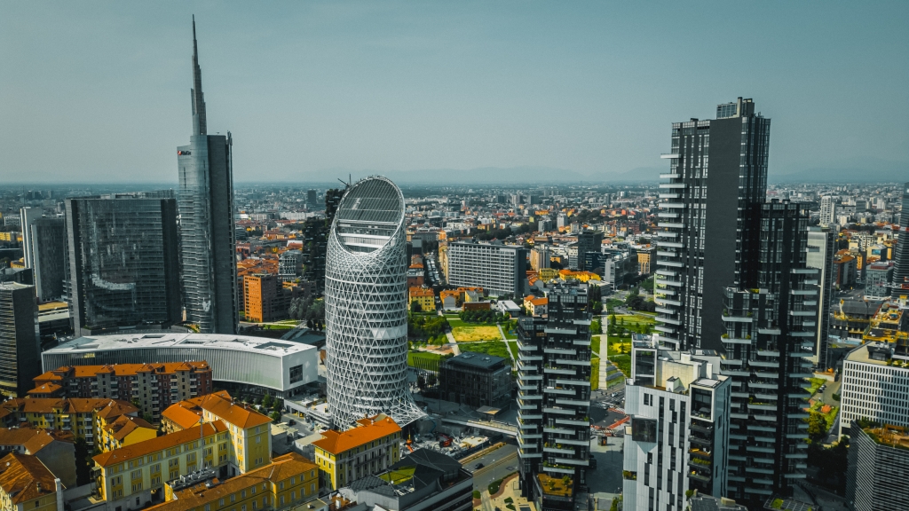 Milan skyline with modern skyscrapers on blue sky backgroun Art