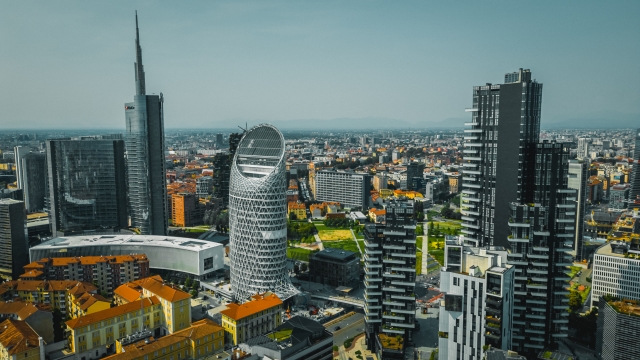 Milan skyline with modern skyscrapers on blue sky backgroun Art