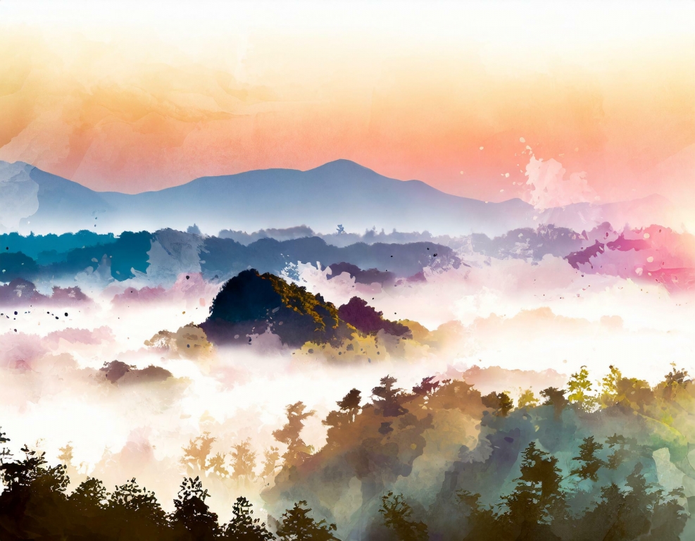 Montagne, nebbia e bosco