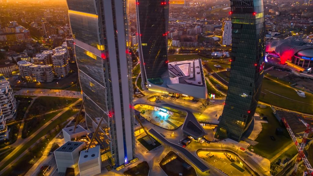 Aerial view of City Life Milan district shopping night