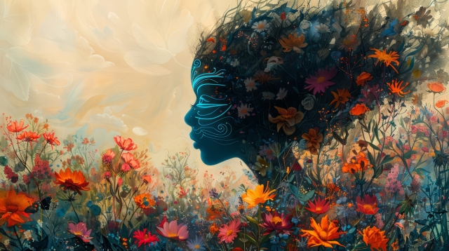 A watercolor-style silhouette of a face with chakra points glowin