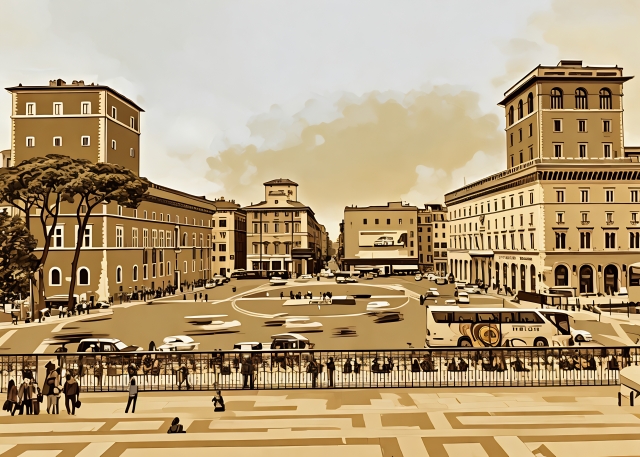 La vivace e caotica Piazza Venezia a Roma
