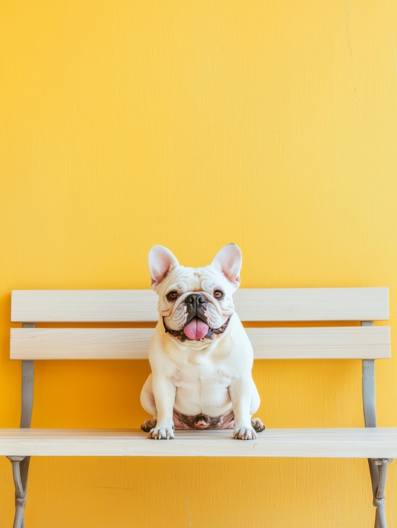 Ritratto di Bulldog su Panchina in Legno Chiaro