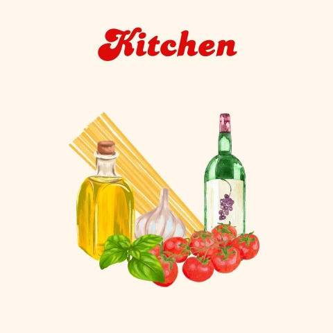 Kitchen - Poster tema cucina con grafica olio, spaghetti, aglio,