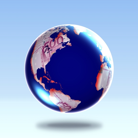 Mappa del mondo fatta di banconote in euro