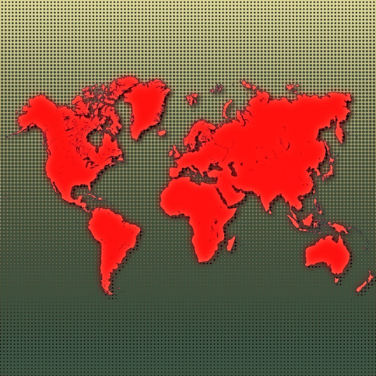 Mappa del mondo rossa su sfondo con motivo a mezzitoni .