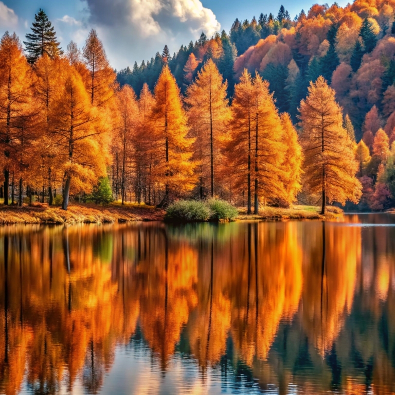 Brown trees next to the lake