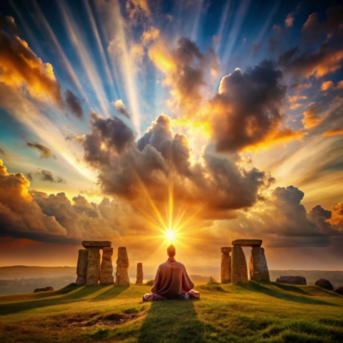Ancient spirituality by dramatic sunset sky