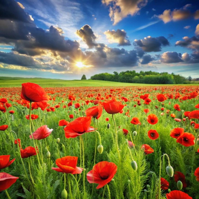 Green field with poppies