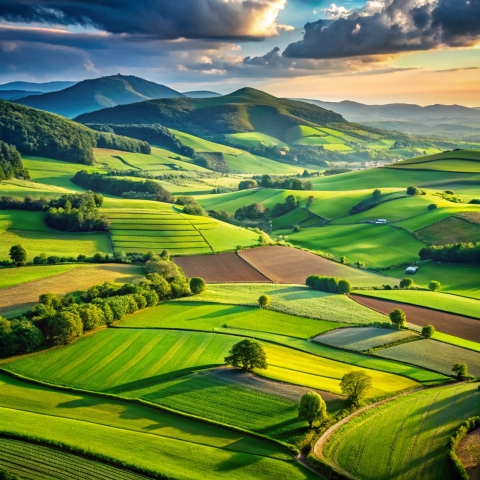 Green fields surrounded by hills