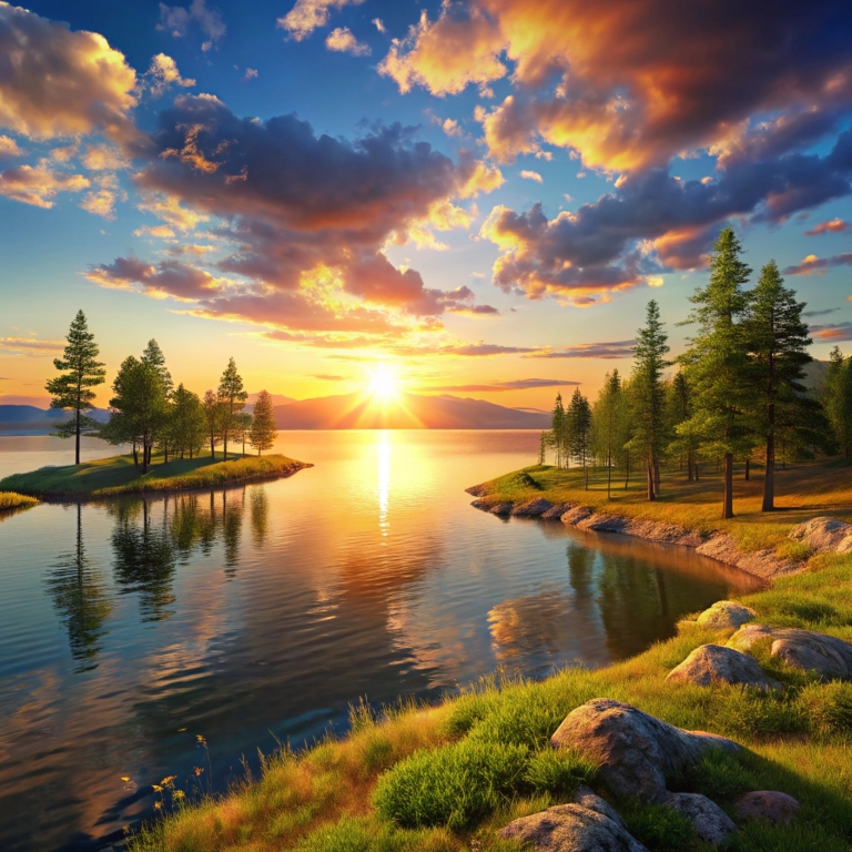 Sunsets on the lake coast