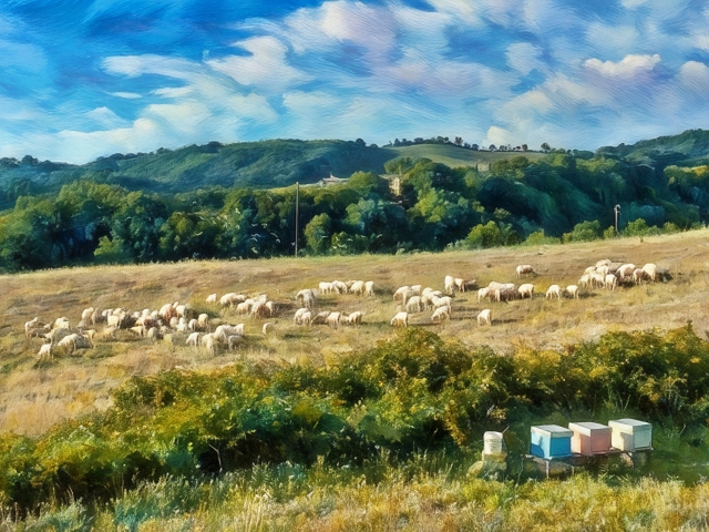 Paesaggio pastorale della Maremma Toscana con pecore e alveari