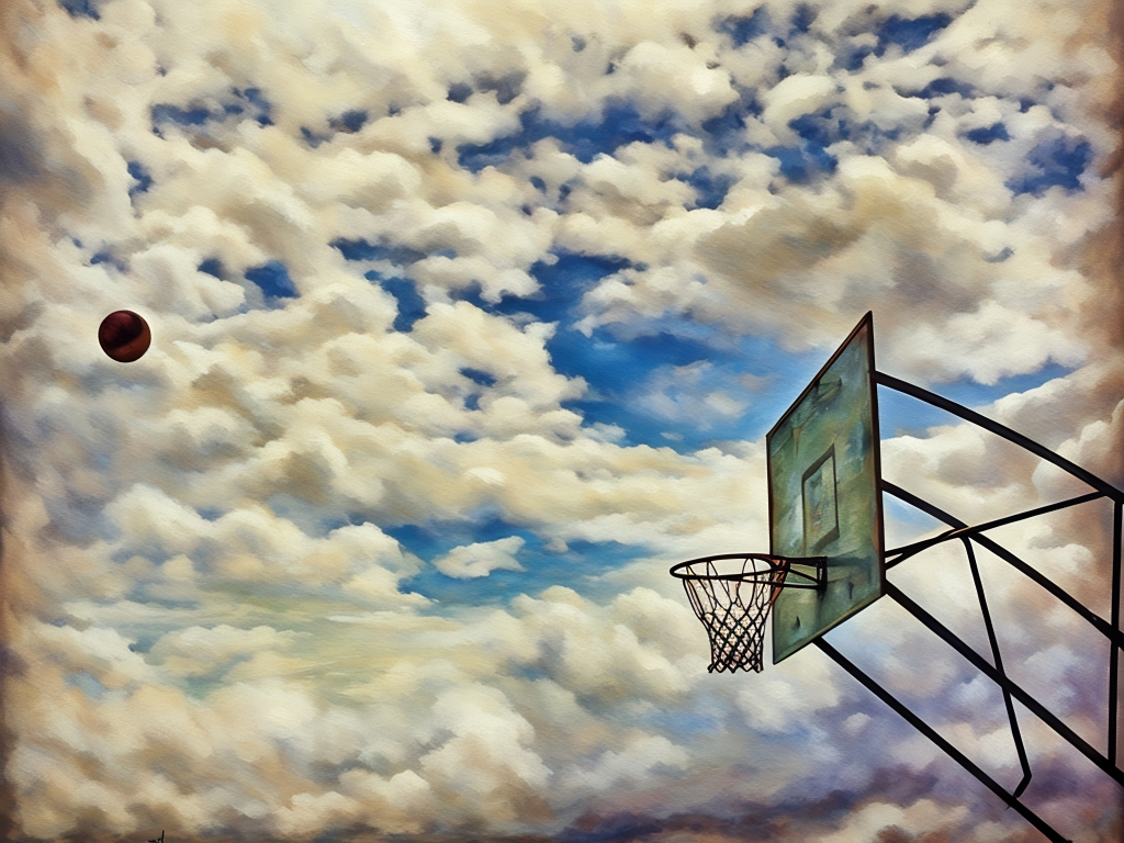Canestro da basket contro cielo nuvoloso dipinto