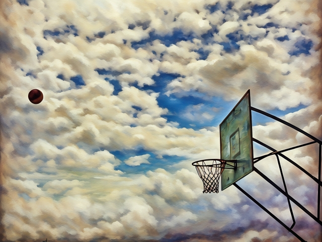 Canestro da basket contro cielo nuvoloso dipinto